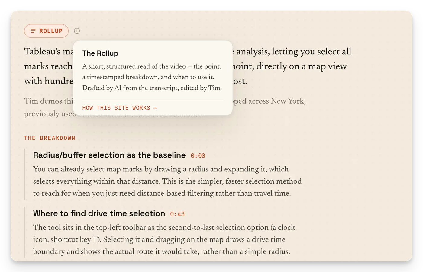 A Rollup under a video — the point, a timestamped breakdown, and an info panel explaining how it was made.