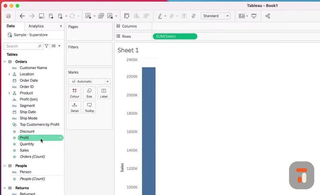 Simple bar chart with Sales on rows and Sub-Category on columns in Tableau Superstore