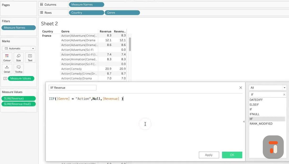 IIF calculation: IIF(genre = "action", NULL, revenue) shown in the calculation window