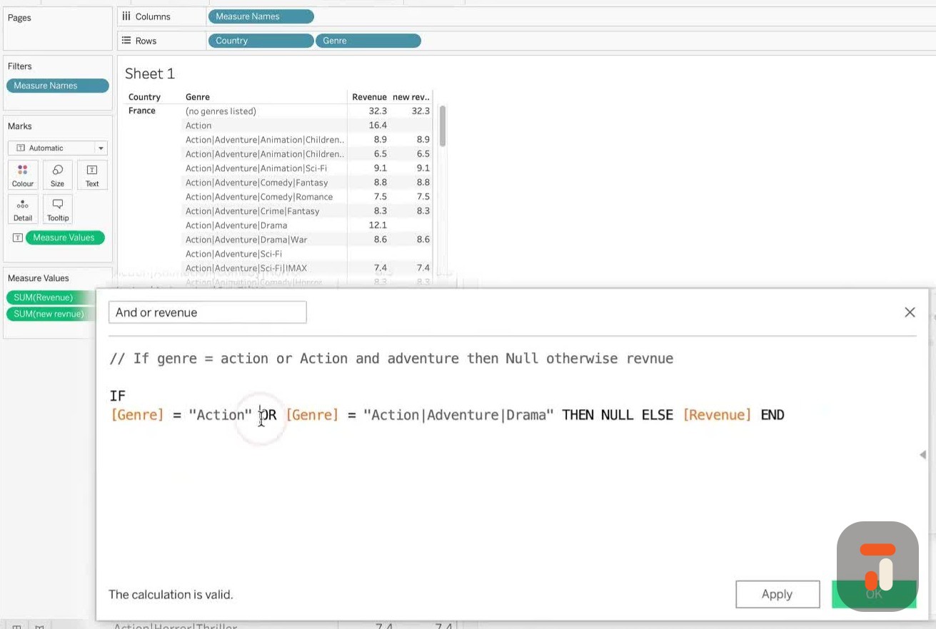 OR statement calculation with genre conditions formatted on separate lines for readability